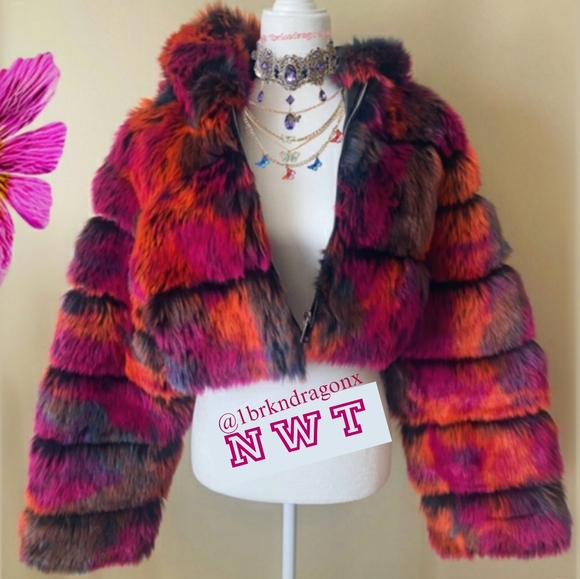 NWT Fur Moto Bright Neon Tie-Dye Moto Zip Up Hooded Fur Puffer